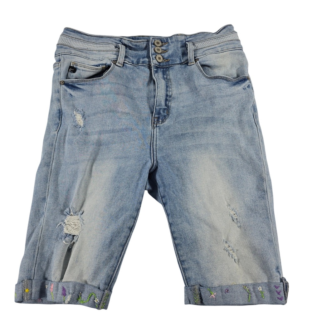 KanCan Floral Embroidered Distressed Bermuda Shorts Light Wash‎ KC6350L Sz 13/30